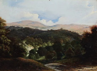 Landschap met gebouwen in een bos (olieverf op molenkarton)