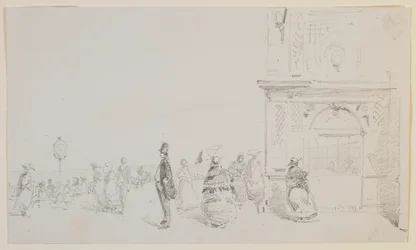 Een groep figuren op een esplanade, 1857