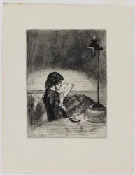Lezen bij lamplicht, 1858