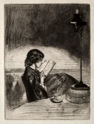 Lezen bij lamplicht, 1859