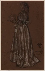 Staande figuur met waaier, ca. 1873/1876 (zwart en wit krijt op bruin papier)