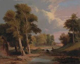 Een bebost rivierlandschap met vissers
