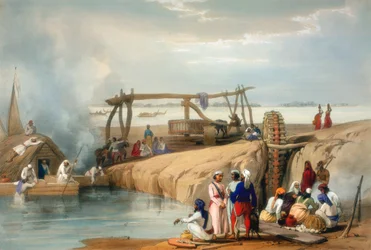 Perzisch wiel dat water uit de Sutlej-rivier haalt, Punjab, 1842