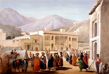 Shah Shoja, marionet van de Britten, houdt een durbar in Kabul, Eerste Anglo-Afghaanse Oorlog