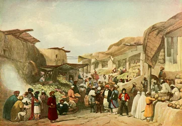 De hoofdstraat in de bazaar van Kabul in het fruitseizoen