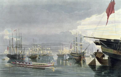 Een uitzicht op de rivier, schepen en stad Calcutta, vanaf Smiths Dock, 1837, gegraveerd door Robert Havell de Jongere