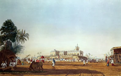 Lall Bazaar en de Portugese Kapel, Calcutta, gegraveerd door Robert Havell, gepubliceerd 1824