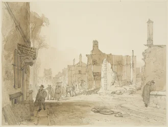Ruïnes van het Stadhuis en Douanehuis in Queen Square na de rellen