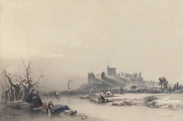 Windsor Castle vanaf de bevroren rivier tijdens de grote vorst