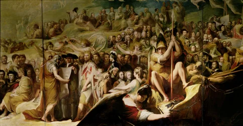 Elysium, of de staat van uiteindelijke vergelding, zesde in de serie De vooruitgang van menselijke cultuur en kennis, detail van wetenschappers en filosofen