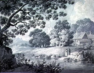 Landschap, met een rivier op de voorgrond