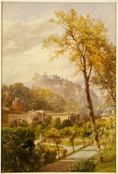 Een uitzicht op Princes Street Gardens en de National Gallery, Edinburgh kijkend naar het westen richting het kasteel, 1855