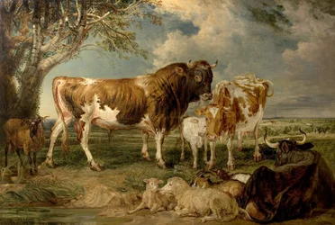 Stier, Koe en Kalf in een Landschap, 1837