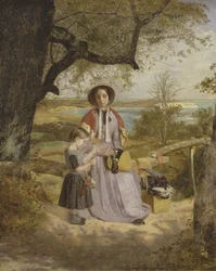 Moeder en kind bij een hek, met Culver Cliff, Isle of Wight, in de verte