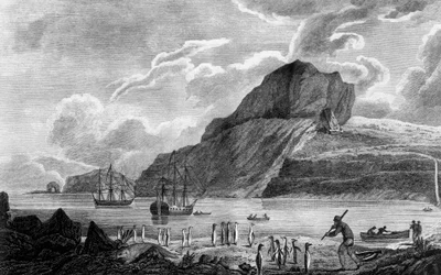 Kerguelen eiland, uitzicht op Kerstmisbaai, tekening door William Hodges, gravure door William Watts, illustratie uit Voyage towards South Pole, and Round World, door James Cook (1728-1779)