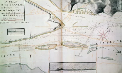 Kaart van overtochten op de Saint Lawrence rivier bij Quebec, nabij eiland Orleans, getekend door James Cook