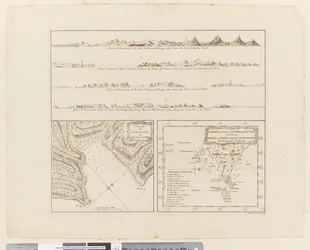 Vier profielen van de kust van Terra del Fuego, een plan van Success Bay in Straat le Maire, een kaart van het zuidoostelijke deel van Terra del Fuego, gegraveerd door T. Borven en J. Gibson