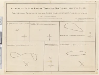Schetsen van de eilanden Lagoon, Thrum-Cap, Bow-Island, de Twee Groepen, Bird Island en Chain Island, gelegen in de Zuidzee... ontdekt in april 1769