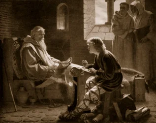 De eerbiedwaardige Beda vertaalt het evangelie, illustratie uit 