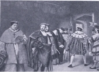 Ontslag van Kardinaal Wolsey door Koning Hendrik VIII, uit Cassells Geschiedenis van het Britse Volk gepubliceerd door de Waverley Book Company, ca. 1950s