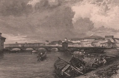 Uitzicht op de Arno-rivier in Pisa, Toscane, Italië, gravure door Thomas Higham naar tekening van James Duffield Harding