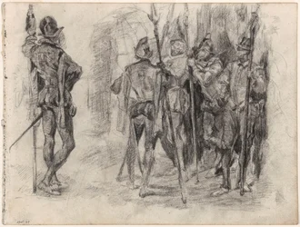 Schetsen van figuren en vijf Spaanse soldaten met lansen