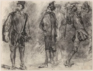 Drie Spaanse soldaten, waarvan één met een zwaard in de hand