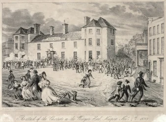 Chartisten vallen het Westgate Hotel aan, Newport, 4 november 1840