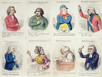 8 vignetten die welsprekendheid uitbeelden, gepubliceerd door Hannah Humphrey in 1795