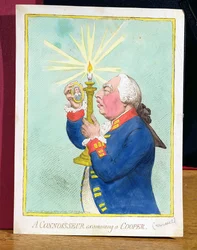 Een Kenner onderzoekt een Cooper, George III (1738-1820) vreest een nieuwe revolutie, kijkt naar een portret van Cromwell, uitgegeven door Hannah Humphrey