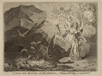 Een blik in de grot van het Jacobinisme, of Magna est Veritas et praevalebit, 1798 (ets op papier)