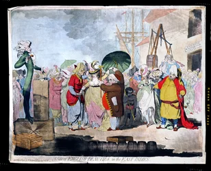 A Sale of English Beauties in the East Indies, uitgegeven door W. Holland in 1786 (handgekleurde ets met aquatint)