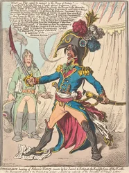 Buonaparte, die hoort van Nelsons overwinning, zweert bij zijn zwaard de Engelsen van de aardbodem te verdelgen (uit: Karikatuur, deel 1)