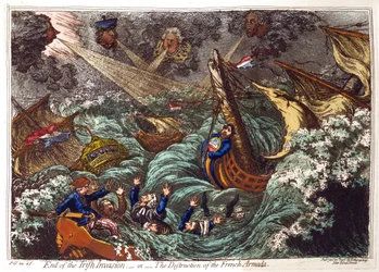 Einde van de Ierse invasie - of - De vernietiging van de Franse Armada, James Gillray 1797. Franse schepen verwoest in storm opgeblazen door Pitt, linksboven en zijn ministers. Charles James Fox en zijn oppositiebondgenoten in gevaar van verdrinking.