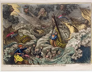 Einde van de Ierse invasie, of de vernietiging van de Franse Armada, gepubliceerd door Hannah Humphrey in 1797