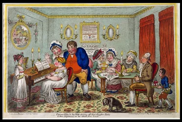 Boer Giles en zijn vrouw tonen hun dochter Betty aan hun buren bij haar terugkeer van school, gepubliceerd door Hannah Humphrey in 1809