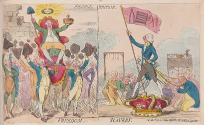 Frankrijk Vrijheid, Groot-Brittannië Slavernij, uitgegeven 1789 (handgekleurde gravure)
