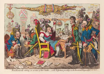 Franse generaals met pensioen vanwege hun gezondheid: met Lepaux die voorzit in de Directorial Dispensary, uitgegeven 1799