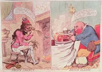 Franse vrijheid: Britse slavernij, ca 1789, satirische cartoon