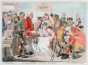 Gillray cartoon over vaccinatie tegen pokken met koepokserum, 1802