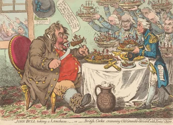John Bull gebruikt een lunch - of - Britse koks proppen de oude Moppermaag vol met lekker eten (uit: Caricature, dl. 1)