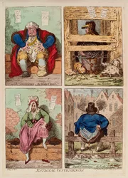 Nationale gemakken. (beschrijving en vergelijking van toiletten in Engeland, Schotland, Frankrijk en Nederland). Werk van James Gillray, gravure en aquarel