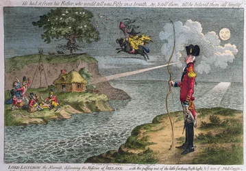 Lord Longbow de alarmist, die de ellende van Ierland ontdekt, gepubliceerd door Hannah Humphrey in 1798 (handgekleurde ets)
