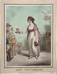 Mary van Buttermere, geschetst naar het leven in juli 1800, gepubliceerd door Hannah Humphrey in 1802