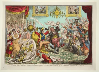 Nieuws uit Calabrië! Verovering van Buenos Ayres! - d.w.z. - de geneugten van een keizerlijk ontbijt in St Clouds, pub. 1806 (handgekleurde gravure)