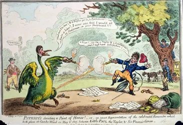 Patriotten beslissen een erekwestie! of Een exacte weergave van de ontmoeting die plaatsvond in Coombe Wood op 2 mei 1807 tussen Little Paul de kleermaker en Sir Francis Goose, gepubliceerd door Hannah