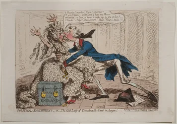 Politieke Verkrachting, of De Oude Dame van Threadneedle Street in gevaar!, gepubliceerd door Hannah Humphrey, 1797