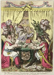 Het Franse Consulaire Driemanschap dat de Nieuwe Consitutie regelt met een blik op de Grondwettelijke Duivengaten van Abbe Sieyes op de achtergrond, uitgegeven door Hannah Humphrey in 1800 (handgekleurde gravure)
