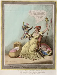 Het genie van Frankrijk verpleegt haar lieveling, uitgegeven door Hannah Humphrey in 1804 (handgekleurde ets)