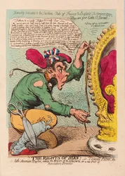De rechten van de mens, of Tomm Paine, de kleine Amerikaanse kleermaker die de maat van de kroon neemt voor een nieuw paar revolutionaire broeken, uitgegeven 1791